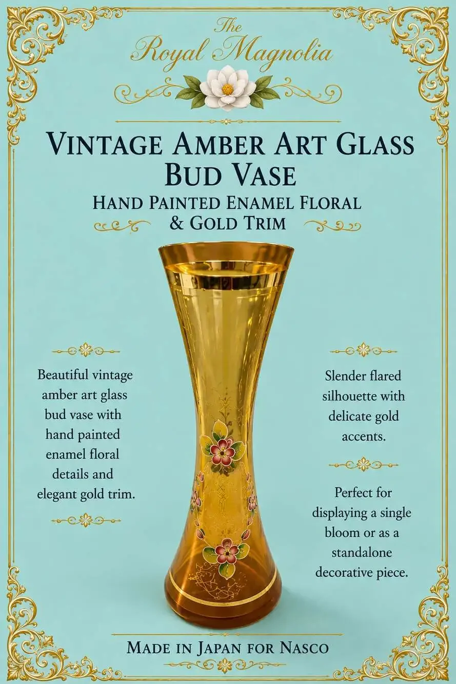 Vintage Amber Art Glass Bud Vase Hand Painted Enamel Floral & Gold Trim Made in